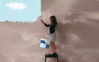 little girl uses a can of paint to color the wall of the room from cloudy gray to clear blue sky - positive attitude, vibes and mentality concept