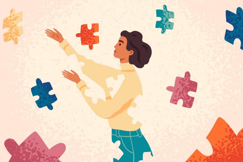 Woman Assembling Herself With Puzzle Pieces - Cartoon Character