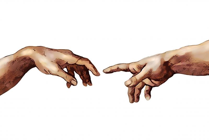 Illustration of Two arms and hands reaching from opposite sides with fingers almost touching