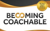 Book Cover: Becoming Coachable. Black background with gold ribbons and gold and black fonts