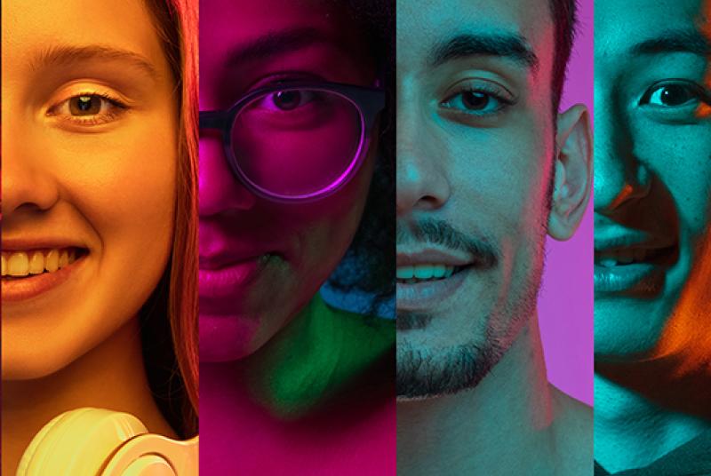 Close up of diverse faces with colorful overlays